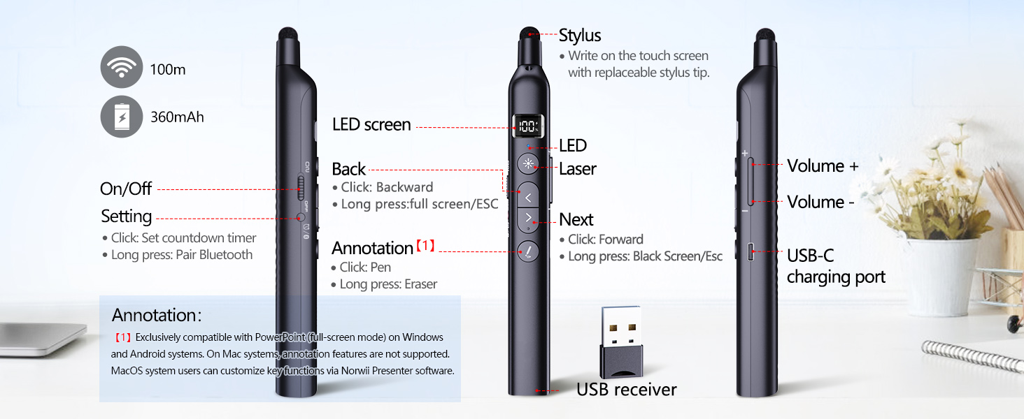 Technical diagram showing three different pen or stylus designs with measurements and specification callouts in grayscale layout.
