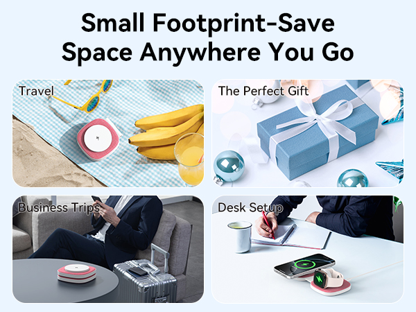 Text reads 'Small Footprint-Save Space Anywhere You Go' and 'The Perfect Gift'. Series of lifestyle images showing compact white charging device in various settings including desk and travel scenarios.