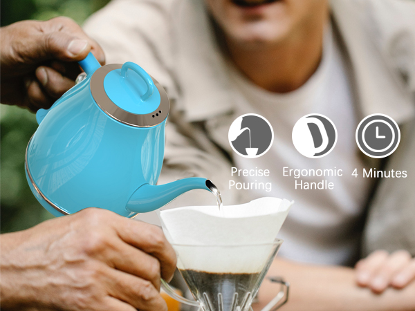 precise pouring, ergonomic handle, 4 minutes to boil a pot of water