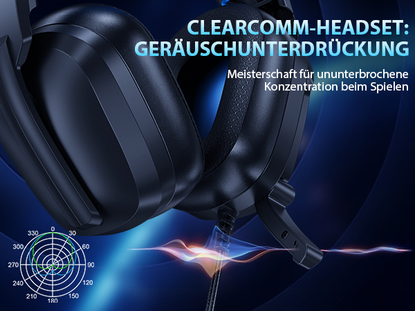 Black gaming headset with noise cancellation feature. Showcases a radar-like diagram and colorful sound wave, emphasizing audio technology for concentrated gameplay.