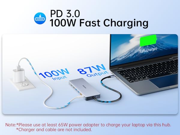 Text reads: 'PD 3.0 100W Fast Charging' '*Charger and cable are not included'. Product image shows charging device with technical specifications and connection ports.