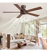 48 Inch Low Profile Ceiling Fan without Lights, Brown Farmhouse Ceiling Fan no Light, 6-Speeds, Q...
