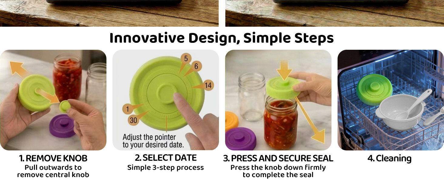 4 simple steps to use silicone fermentation lids with date tracker. Dishwasher safe mason jar lid.