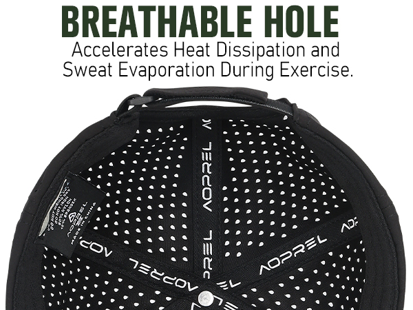 Black athletic cap with perforated design. Text highlights 'Breathable Hole' feature for heat dissipation and sweat evaporation during exercise. Brand name 'Adorel' visible on cap.