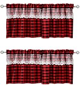 WUBODTI Christmas Red Buffalo Plaid Kitchen Curtains Valances, Red and Black Plaid Valance Curtai...