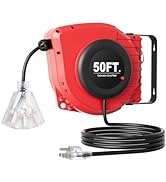 Retractable Extension Cord Reel, 50 FT Heavy Duty Power Cord, 14AWG/3C SJTOW with Lighted Triple ...