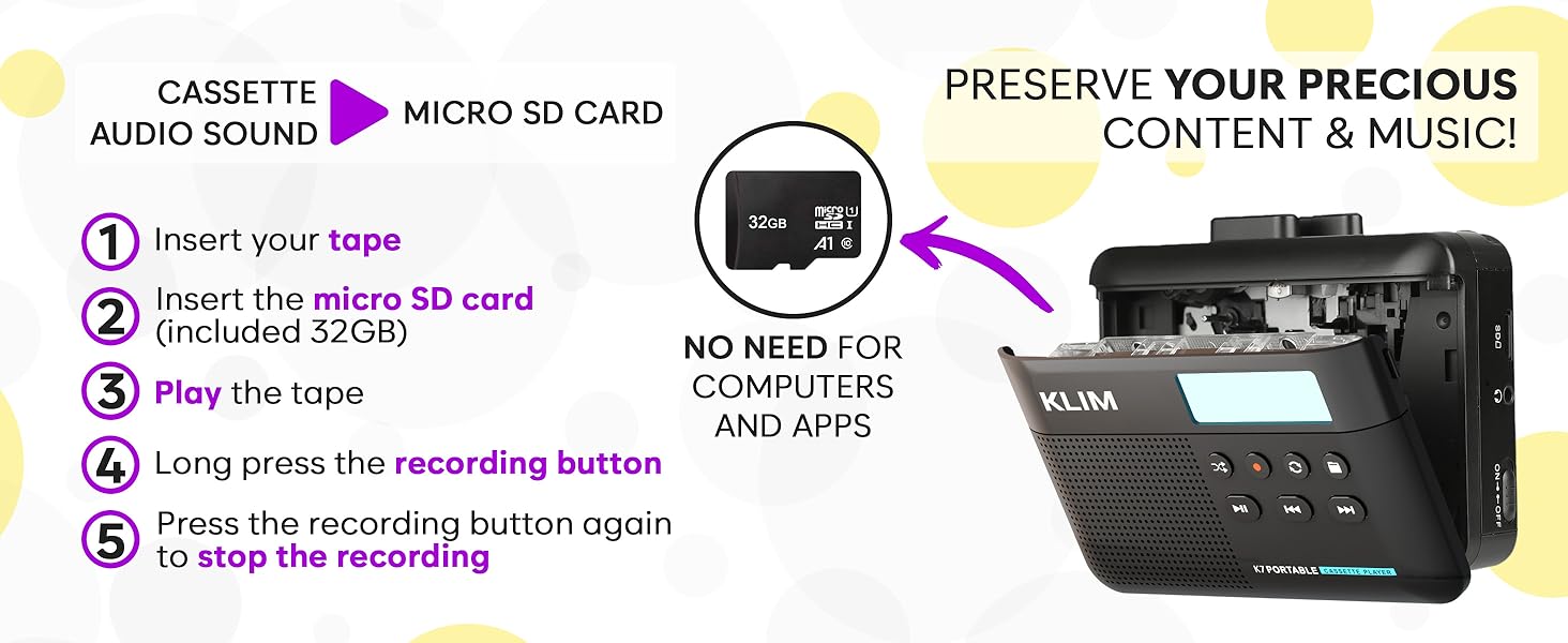 KLIM K7 Cassette Tape Player + Cassette to MP3 Converter + Portable Cassette Player + 32GB SD Card