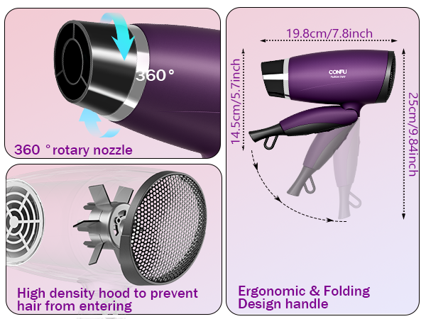 360°rotary nozzle|High density hood to preventhair from entering|Ergonomic &amp; Folding Design handle
