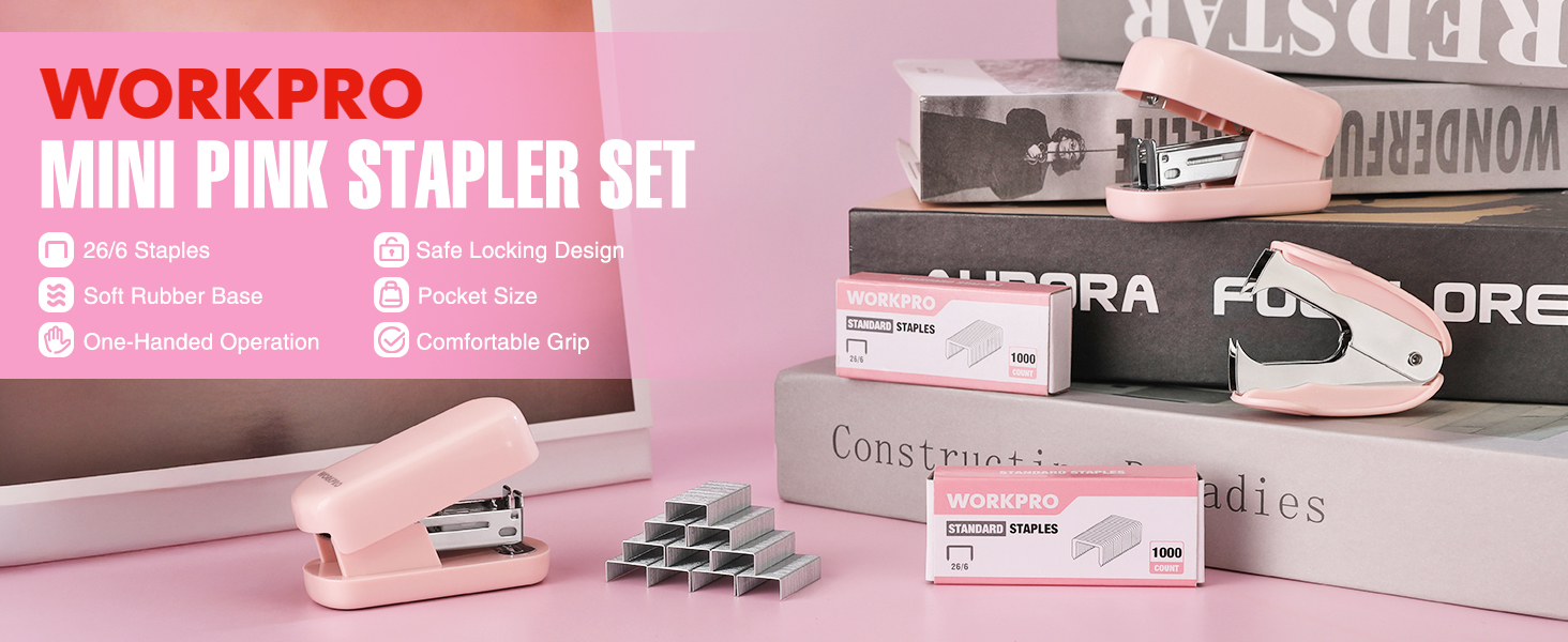 WORKPRO Mini Pink Stapler Set