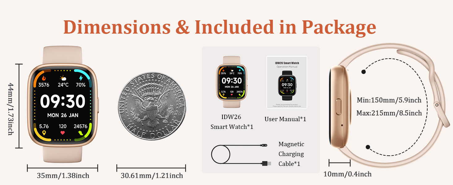 Smartwatch components and dimensions diagram. Shows watch face, band, magnetic charger, and size comparisons. Includes a coin for scale and lists package contents.