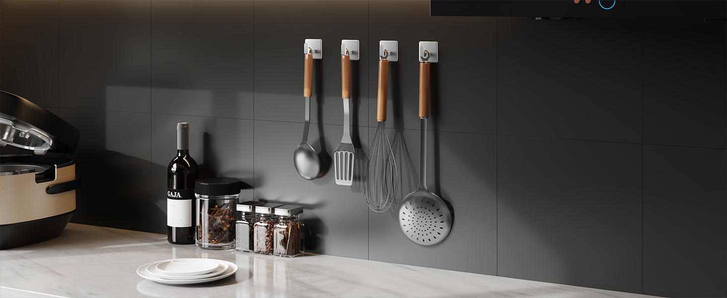 Kitchen wall hooks for utensils, hang ladles, spatulas, whisks and other cooking tools to save space