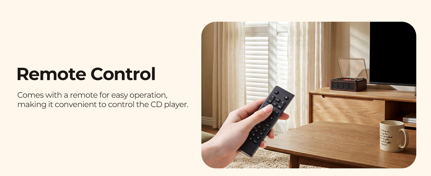 Text reads "Remote Control" with subtitle "Control with a remote for easy care of it, make it a perfect helper to recover the cost player." Hand holding remote control toward wooden furniture in bright room.