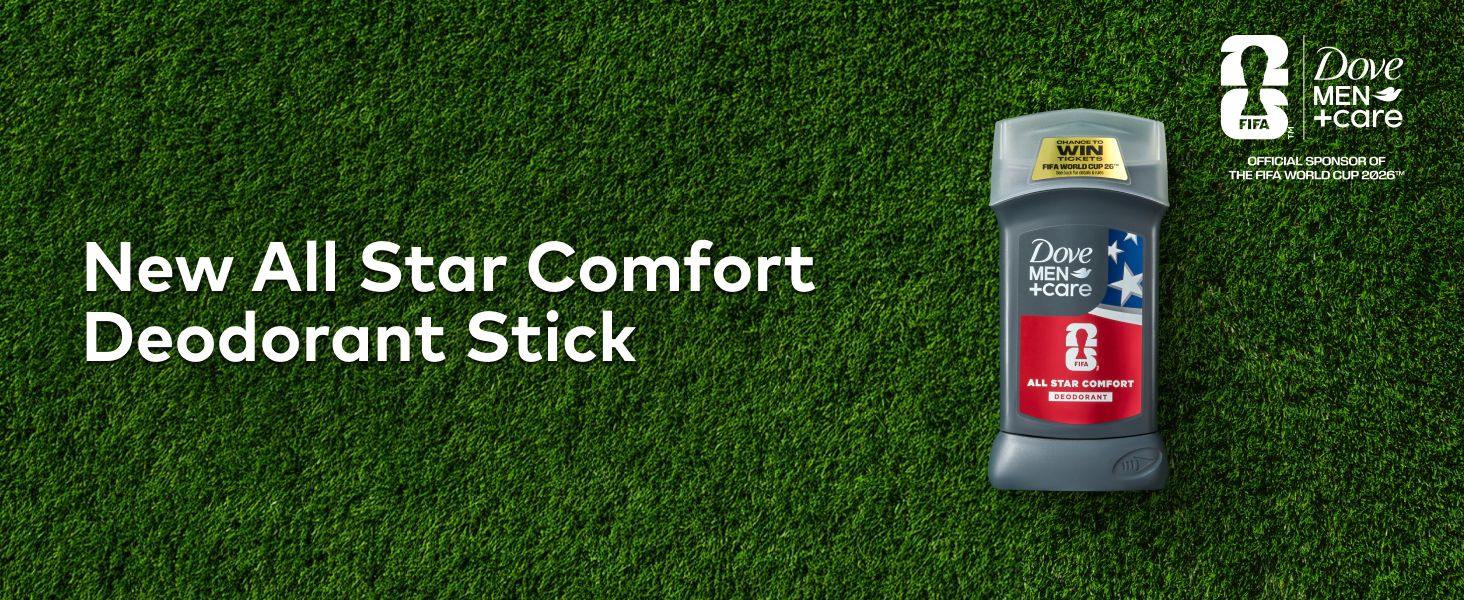 Top view of a soccer field with a Dove Men+Care All Star Comfort Deodorant Stick, next to text.