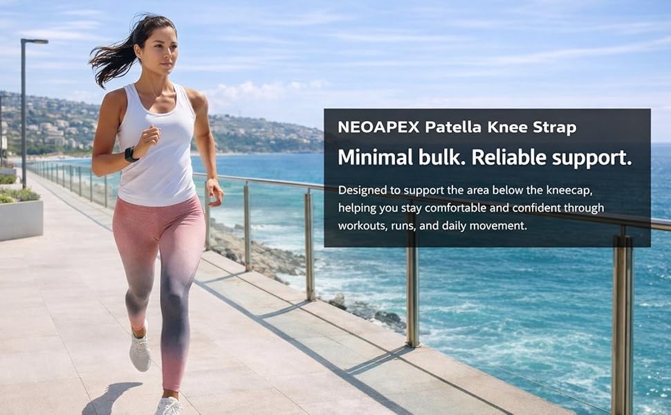 Runner using NEOAPEX patella knee strap for light, reliable support during movement