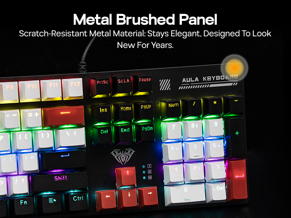 Text reads 'Metal Brushed Panel' and 'Scratch Resistant Metal Material: Stays Elegant, Designed to Look New For Years.' Close-up of illuminated control panel with colorful backlit buttons.