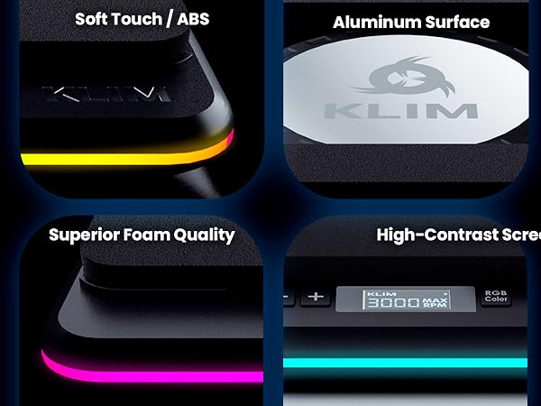 Text reads 'Soft Touch/??', 'Aluminum Surface'. Multiple panels showing illuminated edges in yellow, pink, and green colors with high-contrast screen displays.