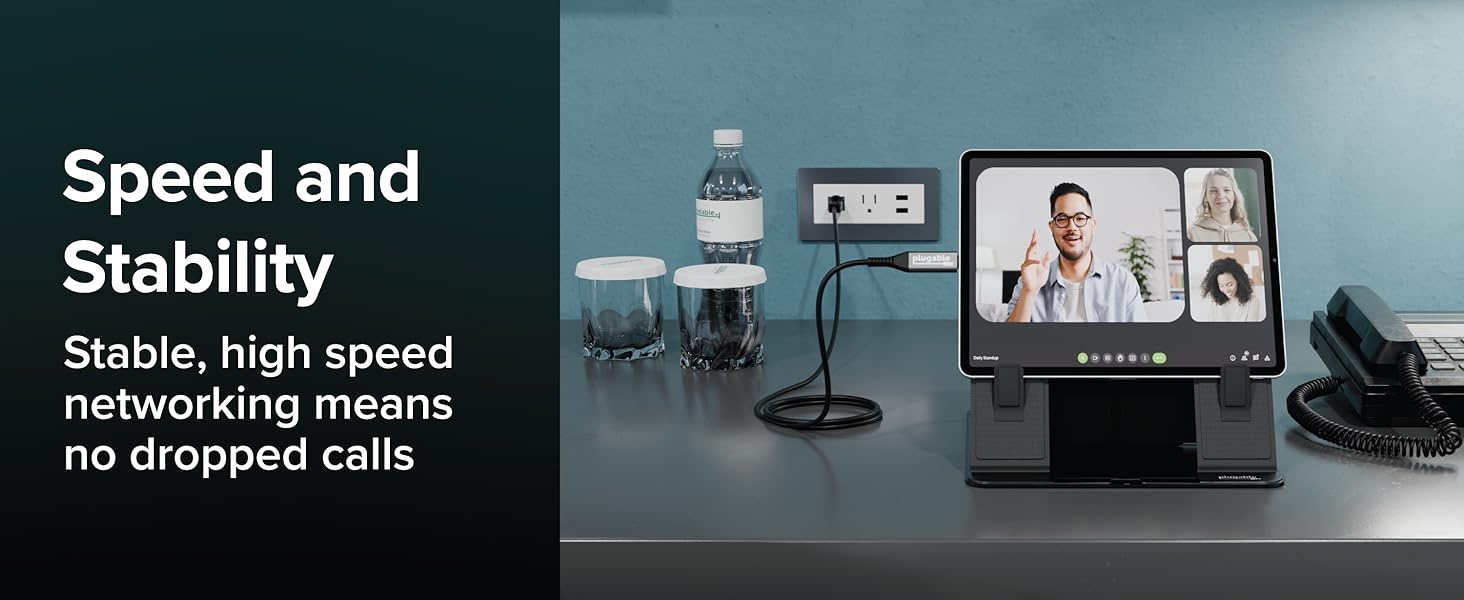 Office laptop connected through an ethernet to USB adapter for secure access