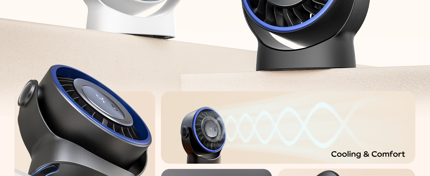 Text reads 'Cooling &amp; Comfort'. Multiple views of a black and blue gaming headset with illuminated elements.