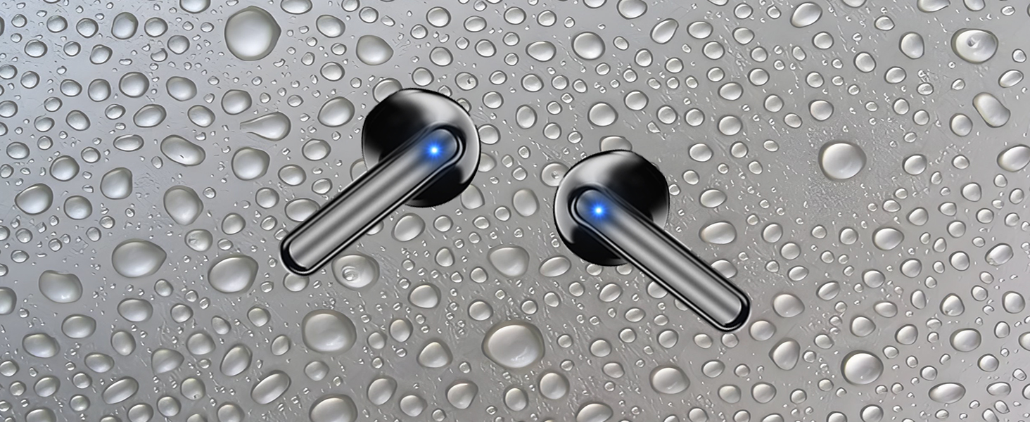 Two wireless earbuds with black stems and blue LED indicators, displayed against a water droplet-covered surface, suggesting water resistance.
