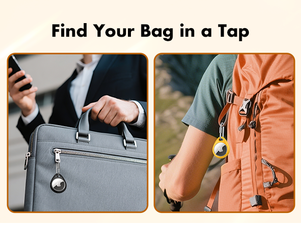 Split image comparing professional gray laptop bag with metal charm and casual outdoor backpack with carabiners. Text reads 'Find Your Bag in a Tap'.