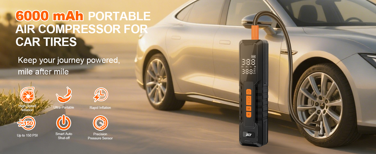 6000 mAh PORTABLEAIR COMPRESSOR FORCAR TIRES