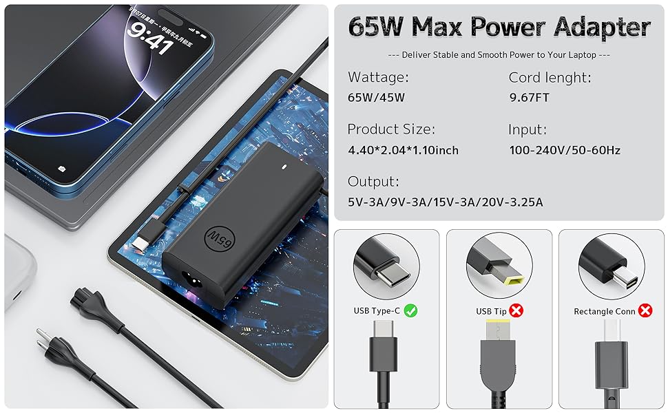 65W Max Power Adapter Product Information,Input 100-240V, 50-60Hz, Output 20V 3.25A