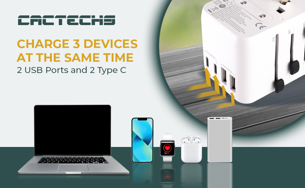 CACTECHS Charge 3 Devices at the Same Time. 2 USB Ports and 2 Type C