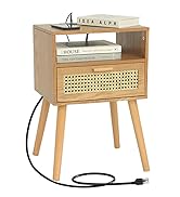 MaxSmeo Mid Century Modern Nightstand with Charging Station, Bedside Tables with Rattan Drawer, S...