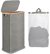 iEGrow 60L Slim Laundry Hamper, Narrow Laundry Basket with Lid,Foldable Clothes Hamper with Bambo...