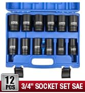 LLNDEI 3/4 inch Drive Impact Socket Set, 12 Piece Heavy Duty CR-MO Deep/Jumbo Sockets 6 Point Des...