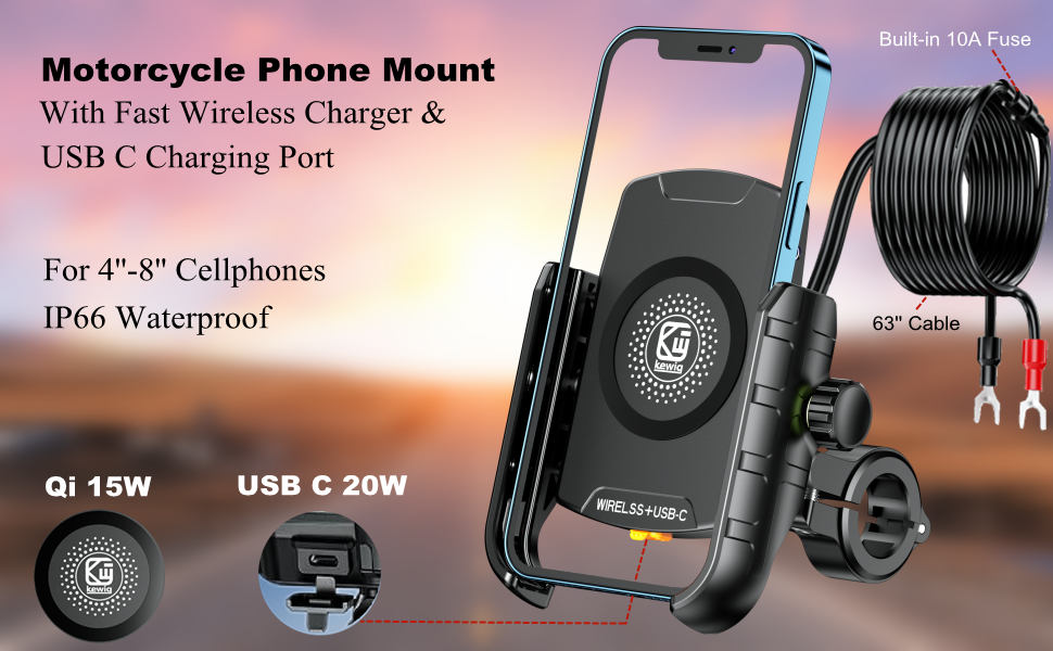 Motorcycle phone mount with Qi wireless Charger and usb c fast charging port