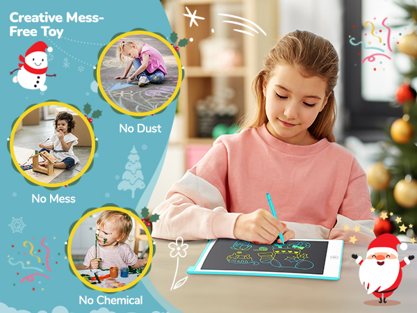 Electronic drawing tablet for children. Girl using blue stylus on white tablet. Inset images show dust-free, mess-free, and chemical-free features. Christmas-themed graphics.