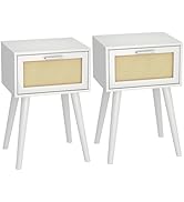 LAATOOREE Table, Nightstand Set of 2 - Small End Table with Rattan Door, Boho Style for Bedroom L...