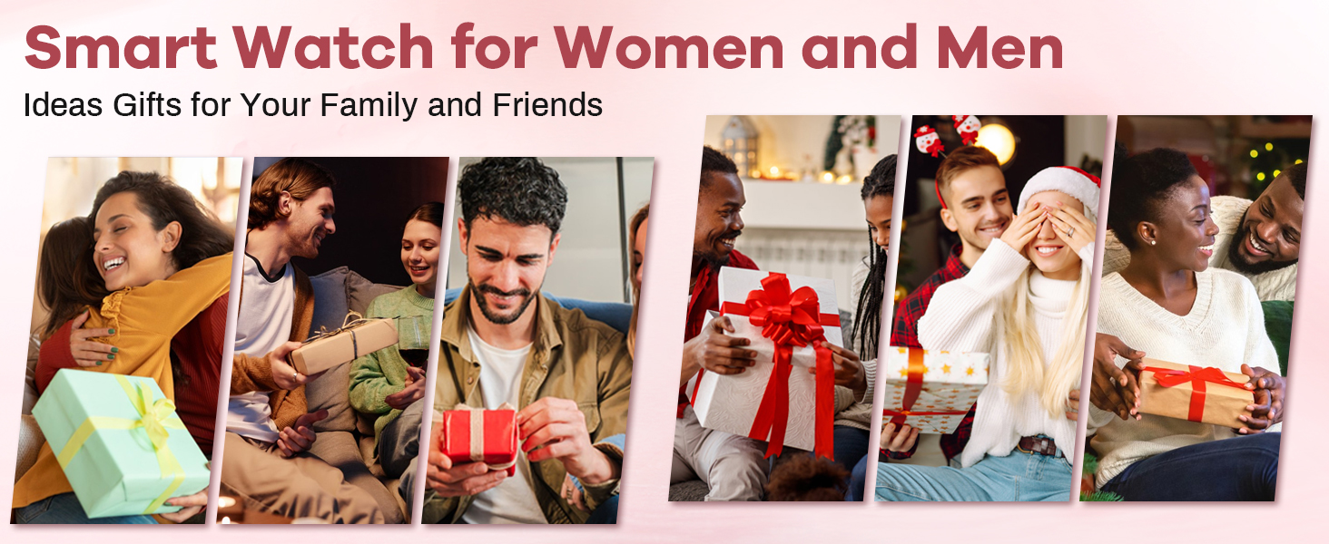 Promotional banner showing diverse group of people opening gift boxes, with text 'Smart Watch for Women and Men' indicating smartwatch gift marketing