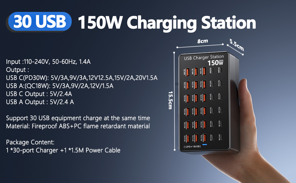 Text reads '30 USB 150W Charging Station'. Product marketing image showing technical specifications and features of a multi-port USB charging device with power delivery capabilities.