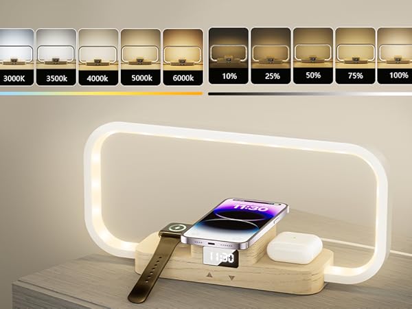 Wooden charging station with illuminated frame, displaying a smartphone, smartwatch, and earbuds case. Color swatches shown above for customization options.