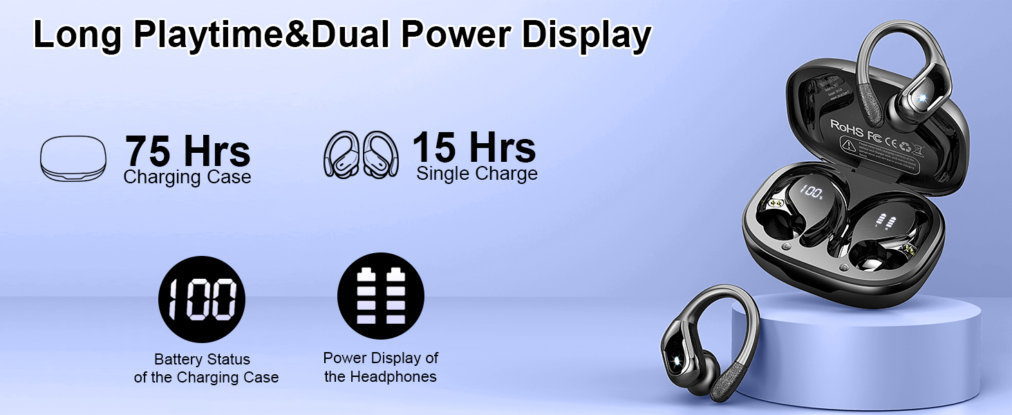 Wireless earbuds with charging case, featuring 75 hours total playtime, 15 hours single charge, and customizable touch controls.