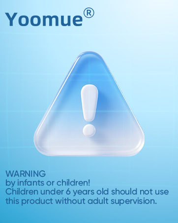 Text reads 'Yoomue®' and 'WARNING: Not for infants or children!' and 'Children under 6 years old should not use this product without adult supervision.' Blue product safety information panels.
