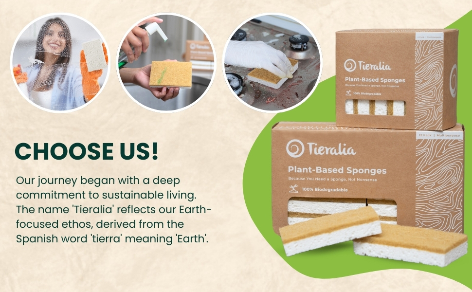 Three images showing sponges in use for cleaning windows, dishes, and stoves.