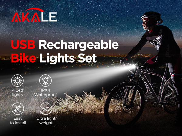 Akale Bike Lights Set, Rechargeable Bicycle Lights Front and Rear