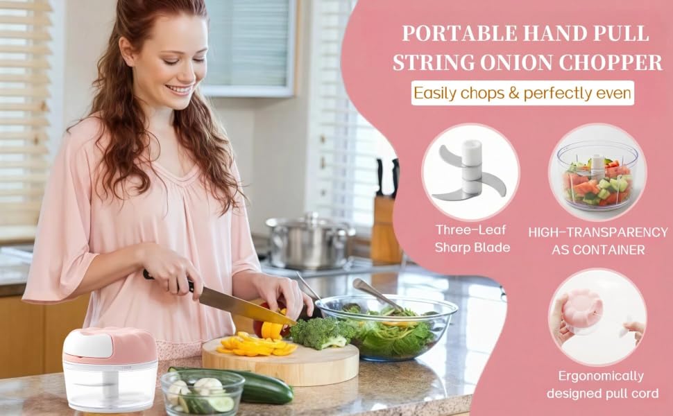Portable Hand Pull String Onion Chopper for Veggies, Fruits, Garlic, Nuts, Herbs, Ice cube