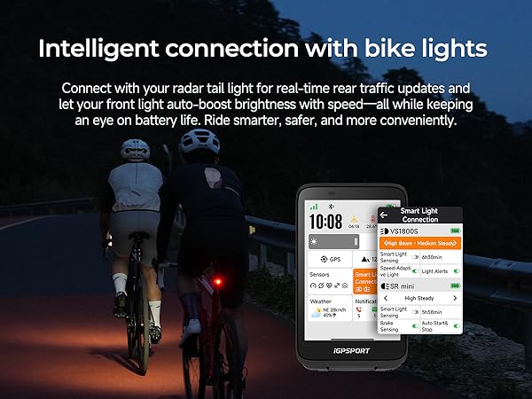Bike light system with smartphone integration. Shows cyclists at night and a phone displaying traffic and brightness data for connected front and rear lights.