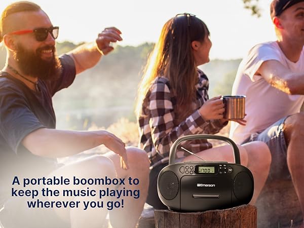 Portable Boombox keeps the music playing wherever you go. For indoor or outdoor use with friends.