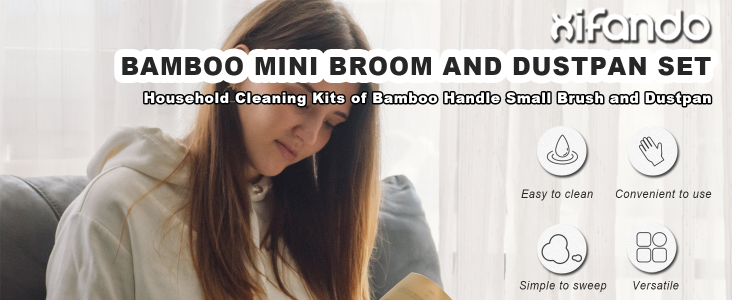 Xifando Mini Broom and Dustpan Set Compact Bamboo Handle Mini Dustpan Brush Small Dust Pan and Broom
