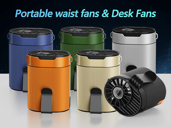 Portable waist and desk fans in various colors. Cylindrical design with ribbed bodies, flat tops, and visible fan blades. Colors include blue, green, silver, orange, and beige.