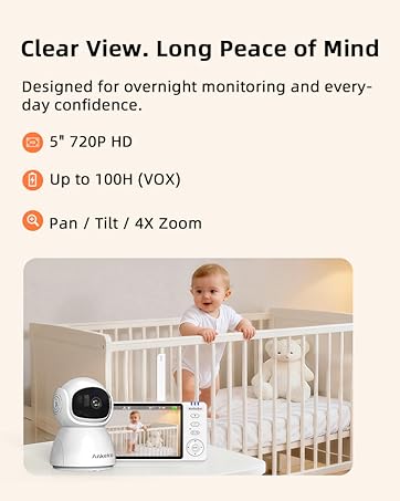 Baby monitor with 5 inch 720P HD screen, VOX mode, pan tilt camera, and 4x zoom