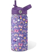 Butterfly Gifts - 16oz Purple Kids Water Bottle with Straw Lid, Stainless Steel Insulated Tumbler...