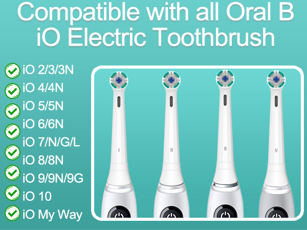Compatibility chart for electric toothbrush heads, showing various Oral B iO models. Teal background with white text and icons of toothbrush heads.
