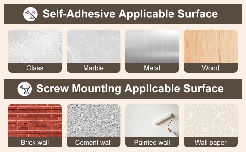 Adhesives are suitable for smooth surfaces, screws areused for rough surfaces