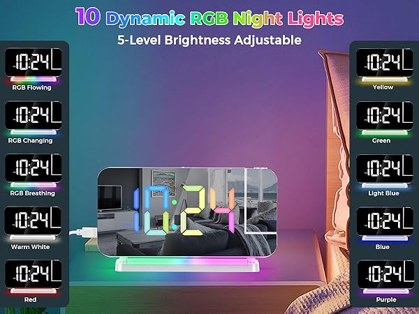 led mirror digital alarm clock with rgb night light